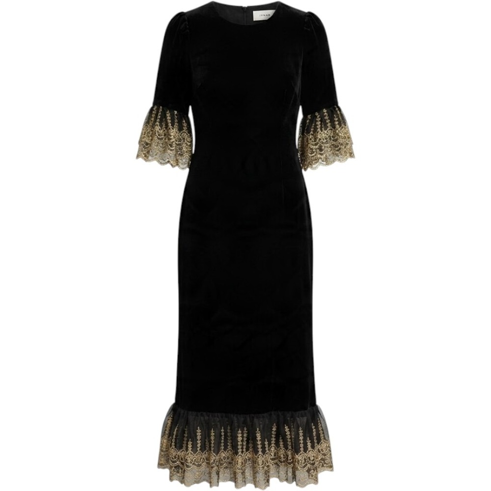 Pomander Place Black Velvet Lillith Maxi Dress Small S Black Gold Lace Trim NWT